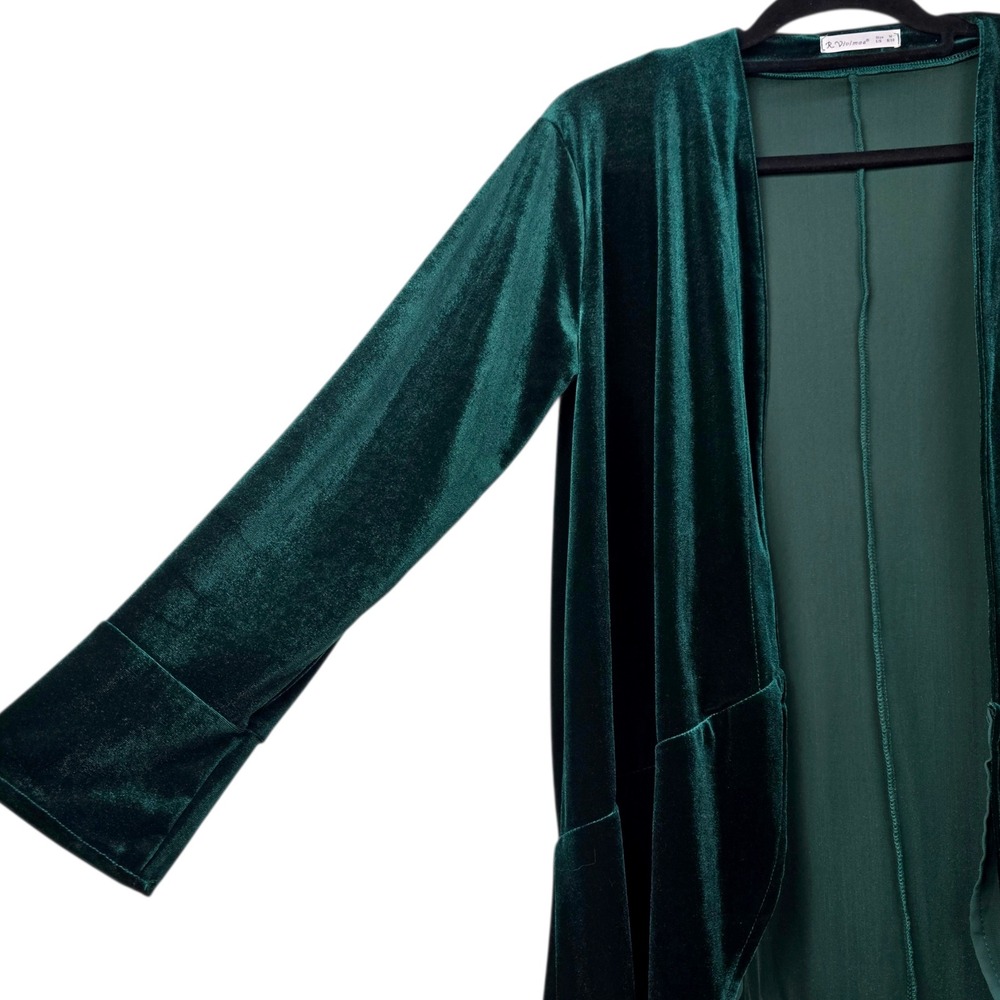 R.Vivimos Womens Green Velvet High-Low Open Front Duster Cardigan Size M 8/10 - Picture 3 of 4